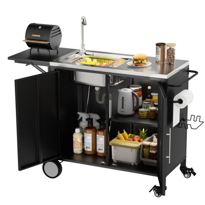 Chariot de gril en métal pour l'extérieur avec évier et armoire, plateforme pliable, roulettes pour espaces, acier inoxydable 304, fonction de drainage complète, surface de travail de table facile à installer, îlot de cuisine,