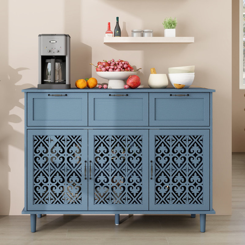 Buffet 47,23 "avec 3 portes sculptées, 3 tiroirs et tablettes réglables pour la salle à manger, le salon et le vestibule