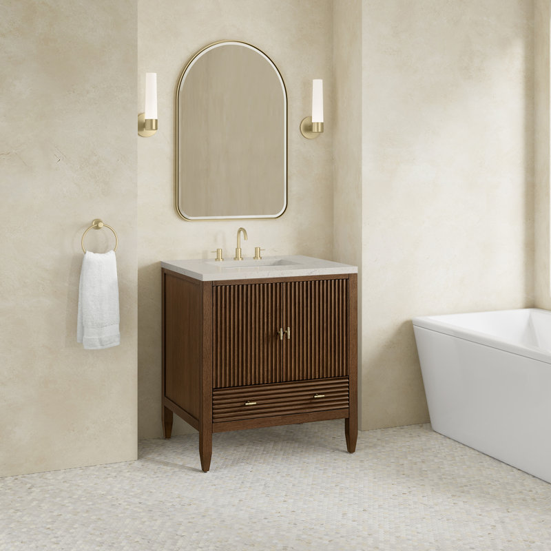 Myrrin 30" W Single Vanity, Siberian Silestone, Mid-Century Walnut, 8" Widespread