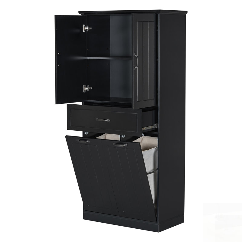 Bathroom Storage Cabinet With Two Laundry Baskets, Spacious Drawer And Doors For Organized Home, Black