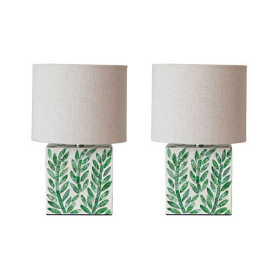 Lampe de table en bois récupéré et coquille avec motif botanique et abat-jour en lin