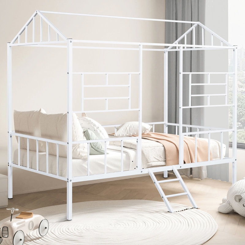 Lit superposé simple blanc contemporain avec conception en forme de maison, en angle, en métal, structure de toit, utilisation de chambre à coucher avec style, couleur, construction, cadre