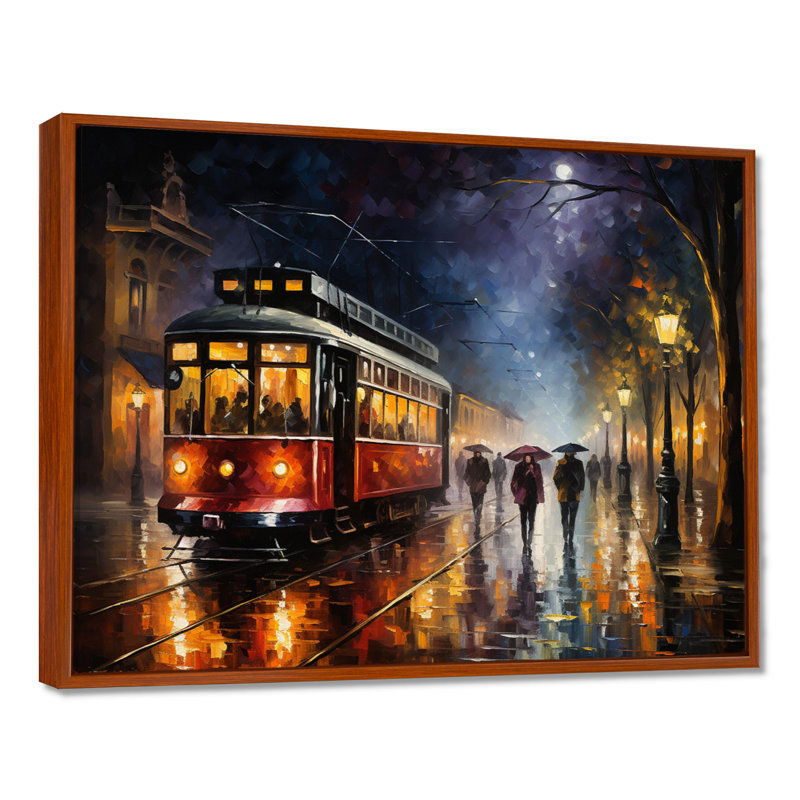 «Vintage Rainy Evening Paris - Train», art mural rétro, Cadre flottant brun, H 30 po x l 40 po x P 1,5 po