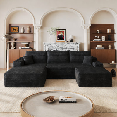 Canapé modulaire 107 po avec 1 repose-pieds Cloud, fauteuils rembourrés minimalistes modernes, canapé confortable en forme de U pour le salon, canapé d'angle à siège profond, aucun assemblage requis (tissu en velours côtelé moelleux), noir