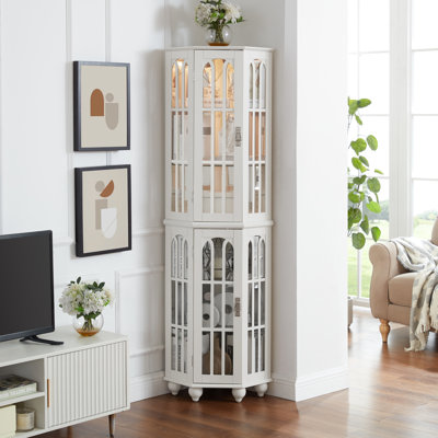 Vitrine à 4 tablettes réglables avec éclairage pour coins blancs en verre