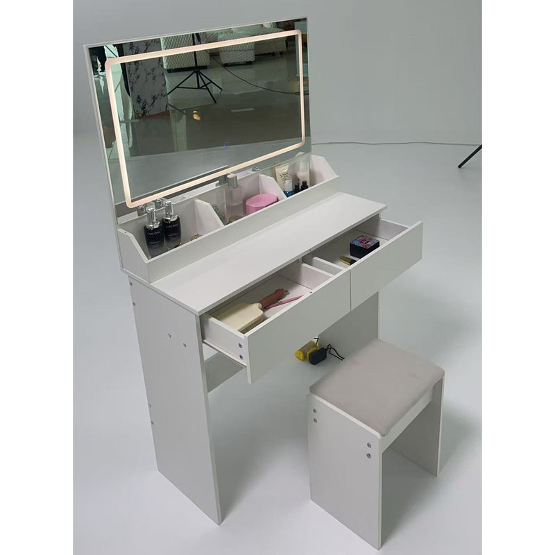 Ensemble de coiffeuse miroir + ensemble de tabourets à coussin souple, interrupteur tactile, 3 couleurs, luminosité réglable, rangement de grande capacité, coiffeuse compacte convenant aux petits espaces