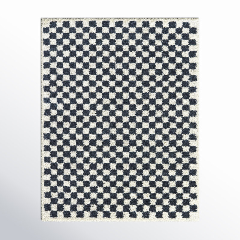 Tapis à poils longs bleu marine / blanc à carreaux Walker, Rectangle 8 pi 9 po x 12 pi