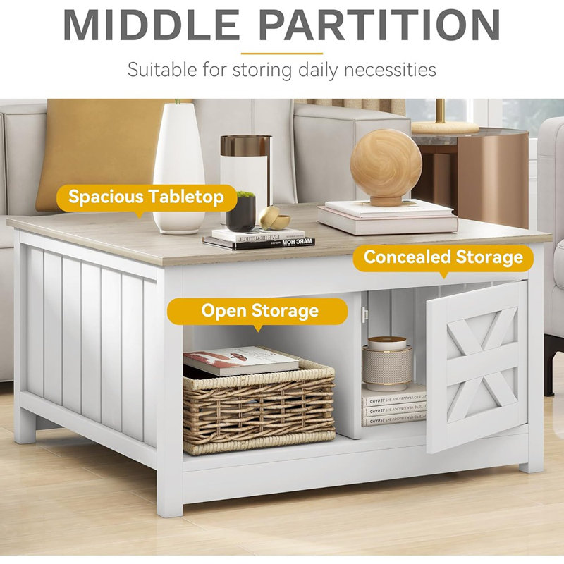 Table basse de rangement Farmhouse: table centrale carrée en bois avec porte de grange coulissante, rangement semi-ouvert pour le salon, chêne clair