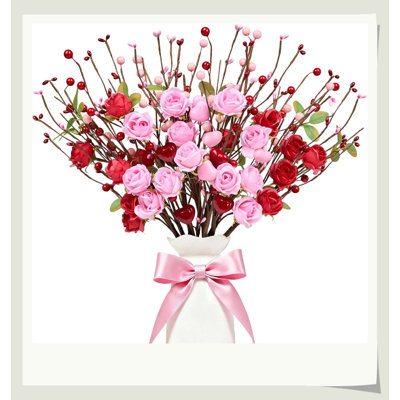 Valentine's Day Floral Picks 12PCS 17In, Red Pink Rose Heart Berries, Durable Low-Maintenance Home DIY Craft Decor Gift