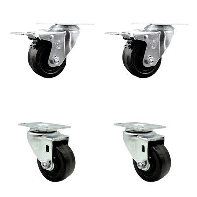 3.5 Inch Phenolic Wheel Swivel Top Plate Caster Set 2 Total Lock Brakes SCC