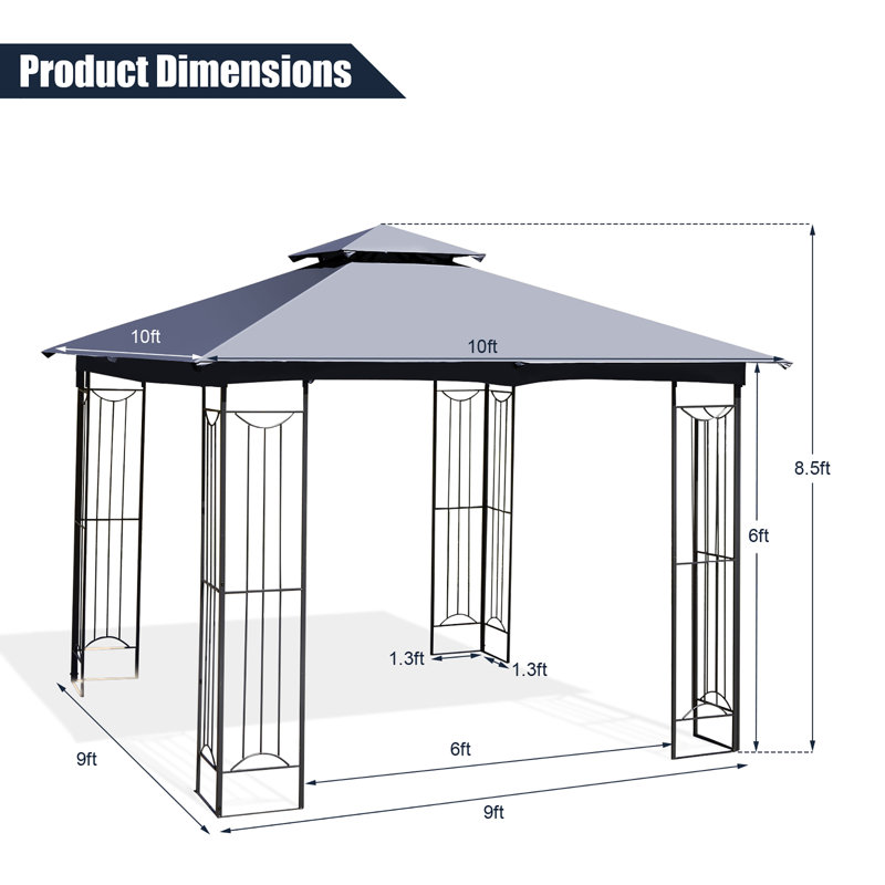 Heavy-duty Large 10 Ft. W x 10 Ft. D Steel Patio Gazebo Canopy, Gray