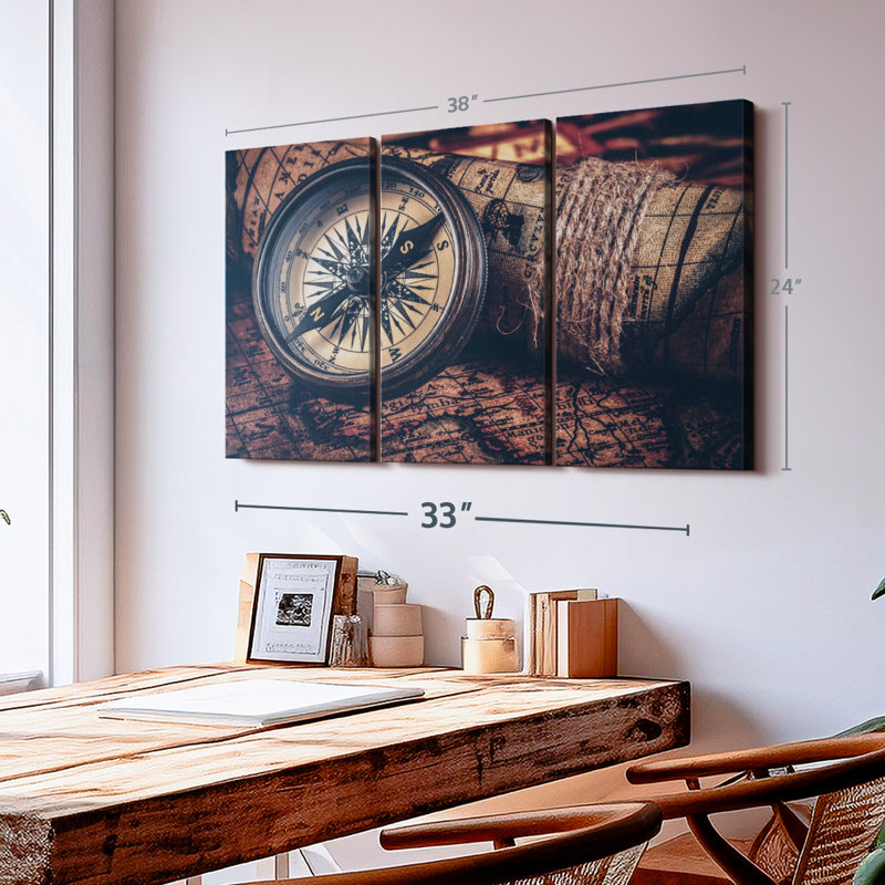 «Compass And Old Map» sur toile, H 24 po x l 38 po x P 1,25 po