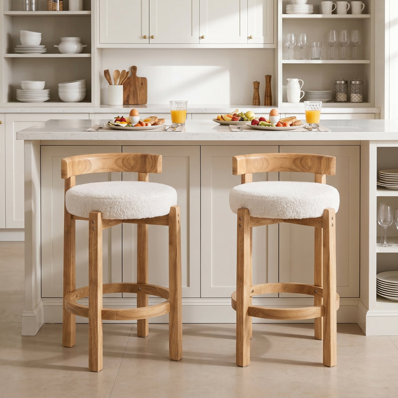 Ensemble de 2 tabourets de bar Mid-Century à hauteur de comptoir avec structure en bois à dossier bas et tabourets de bar rembourrés blancs