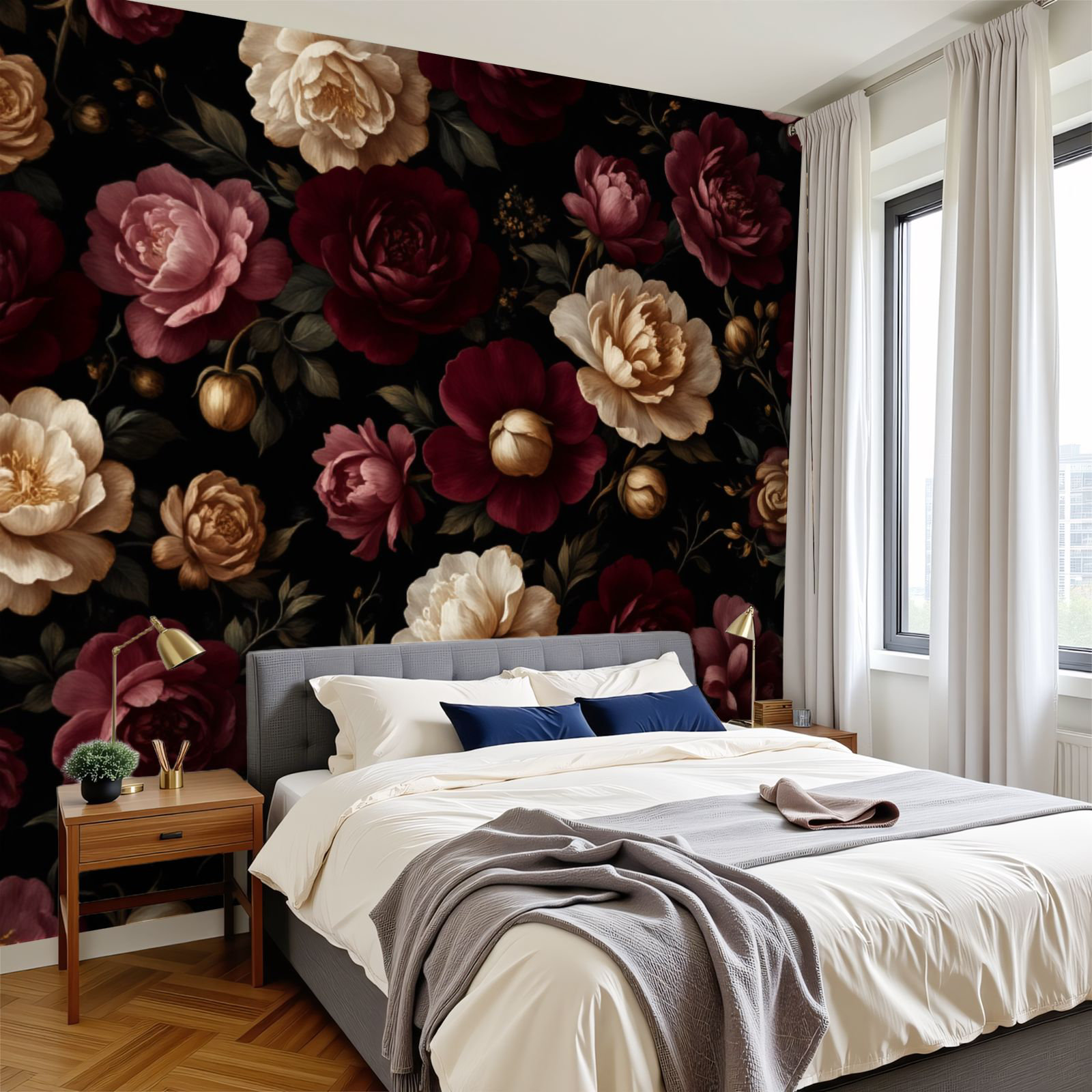 Red Barrel Studio® Peel and Stick Wallpaper Dark Floral Peony Seamless ...