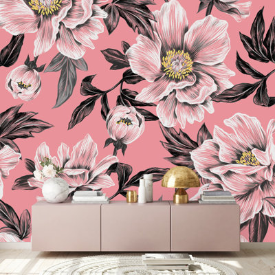 Papier peint rose avec de grandes fleurs
