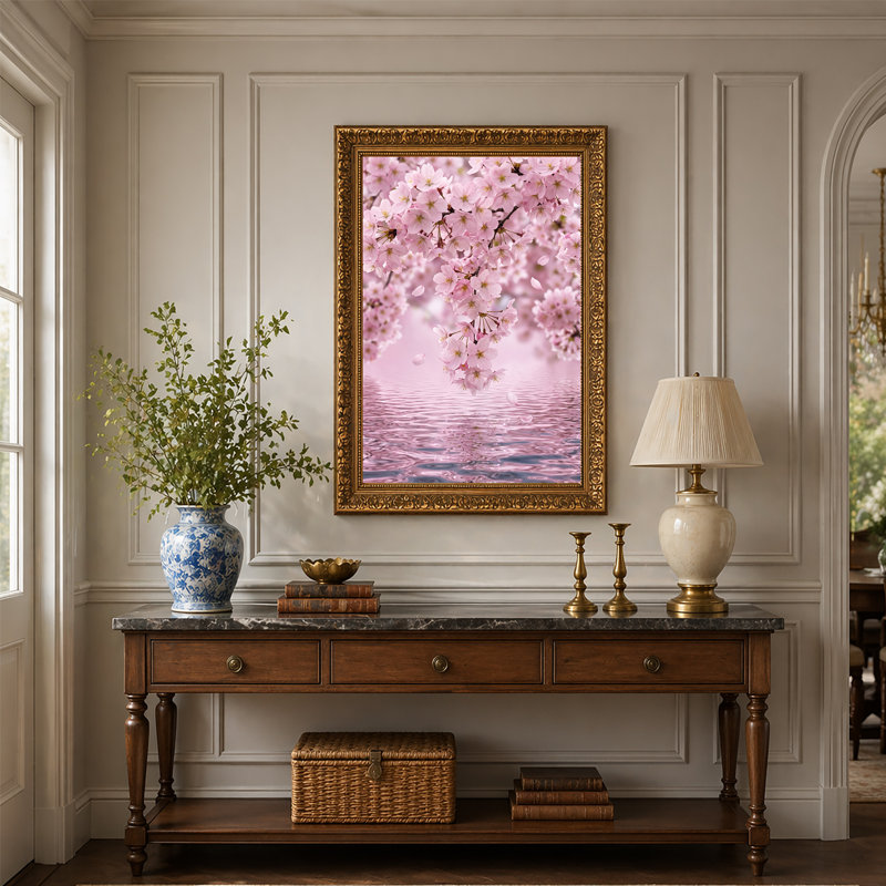 Art sur toile, branches de fleurs de cerisier roses sur l'eau ondulée, H 30 po x l 20 po