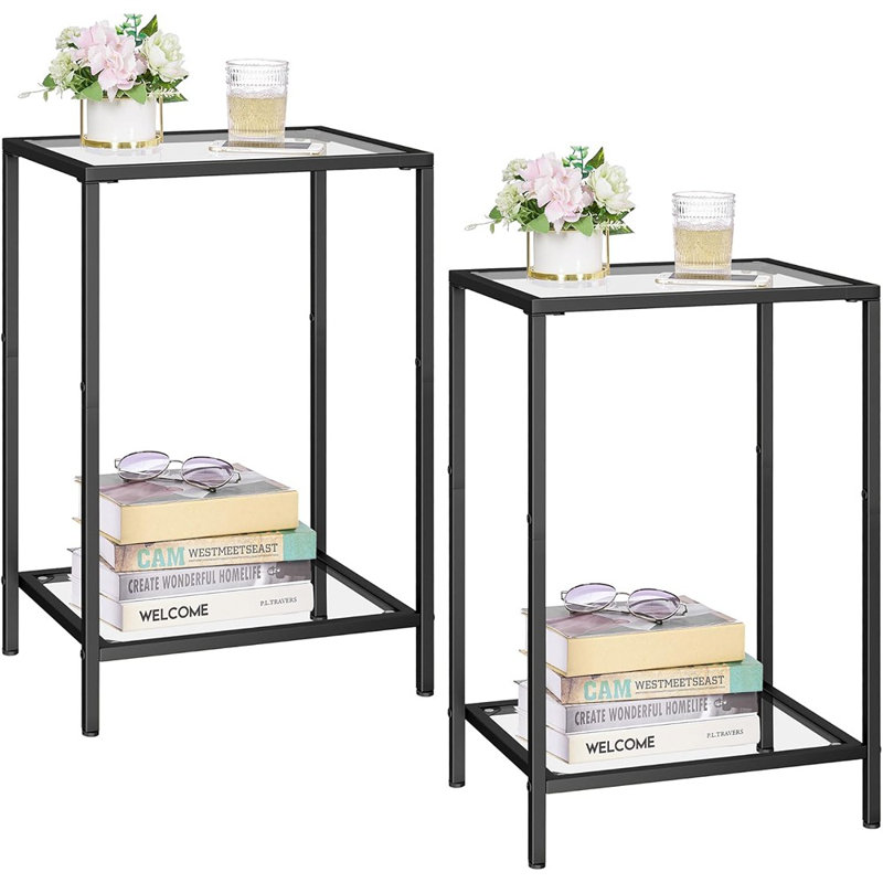 Ensemble de 2 tables de bout à 2 niveaux en verre trempé noir