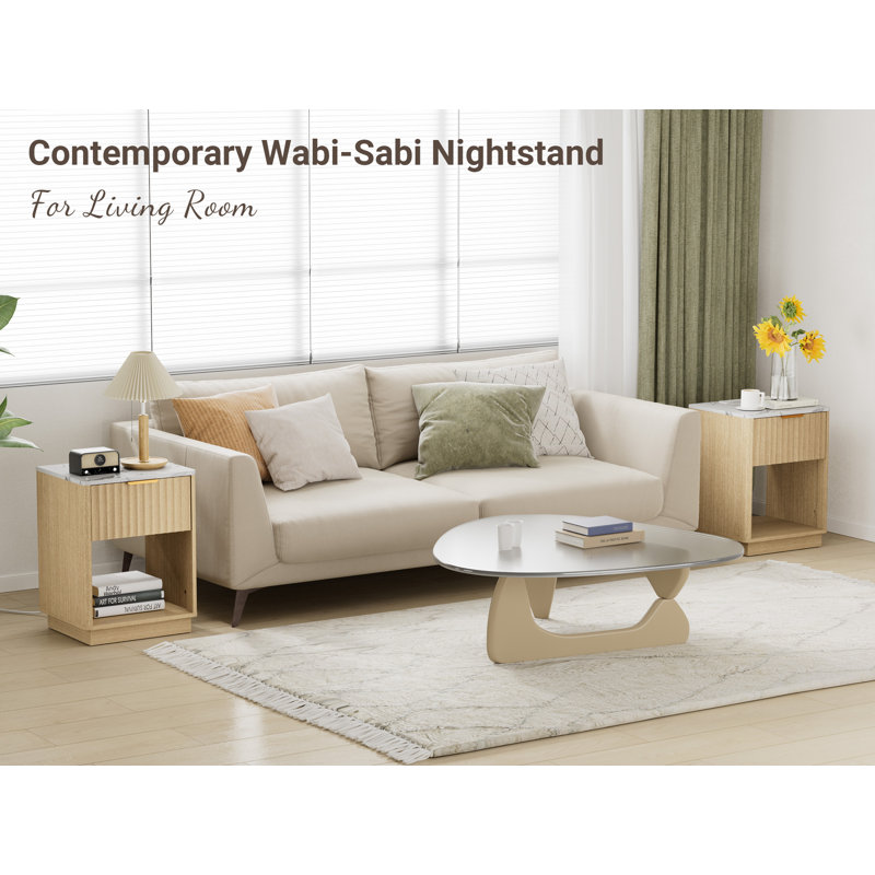 Seyla 18''W Fluted 1-Drawer Nightstand with Open Cubby, Wood Nightstand with Built-In Charging Outlets, Individual
