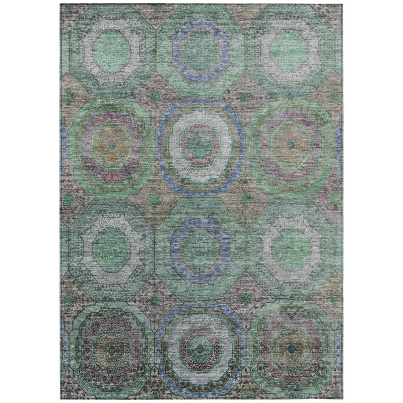 Machine Washable Indoor/Outdoor Xhevrie Green Rug, Rectangle 10' x 14'