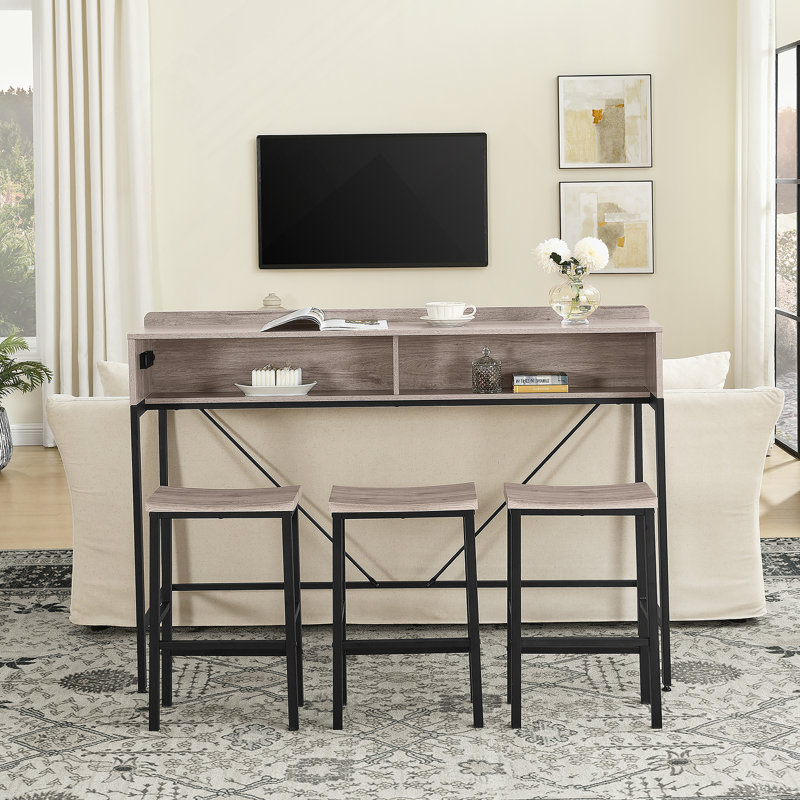 Bar Table Set With Power Socket, LED Light And Saddle Stools, Ideal For Living, Dining And Kitchen Spaces, Gray