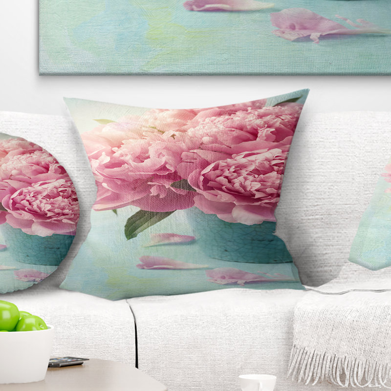 Oreiller floral pivoines dans un vase, 18 po x 18 po, Coussin décoratif