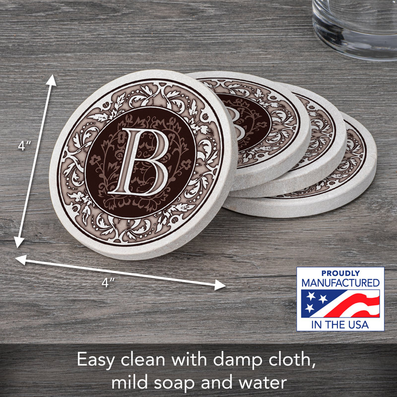 Ophelia & Co. 4 Pack Monogram Sandstone Coasters in Bronze Iron Ram Coaster Holder, B