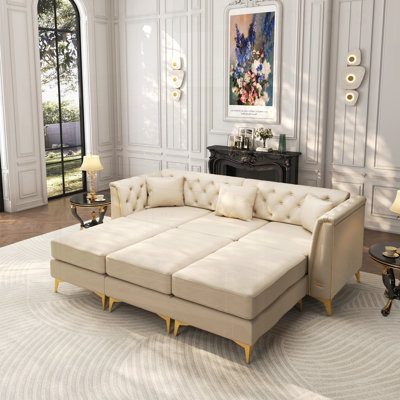 Canapé Chesterfield modulaire léger de luxe à 3 places, similicuir avec capitonnage à boutons fait à la main, accoudoirs garnis de métal et pieds minces, comprend 3 coussins pour le salon, l’appartement