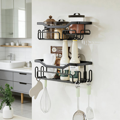 Tablettes de douche adhésives et organisateur de chariot avec 11 crochets, porte-rasoir, porte-savon et crochet à serviettes pour le rangement de la salle de bain