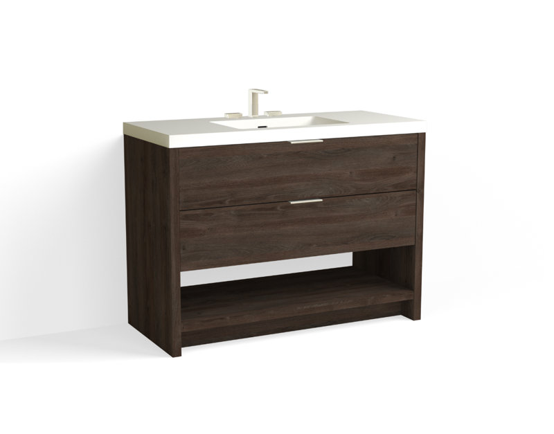 Vue 48" W Freestanding Single Bathroom Vanity, Nocino, Matte White/8" Widespread, Polished Nickel