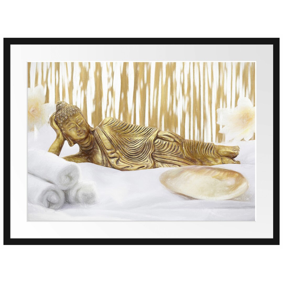 Gerahmtes Poster Goldener Buddha auf Handtuch