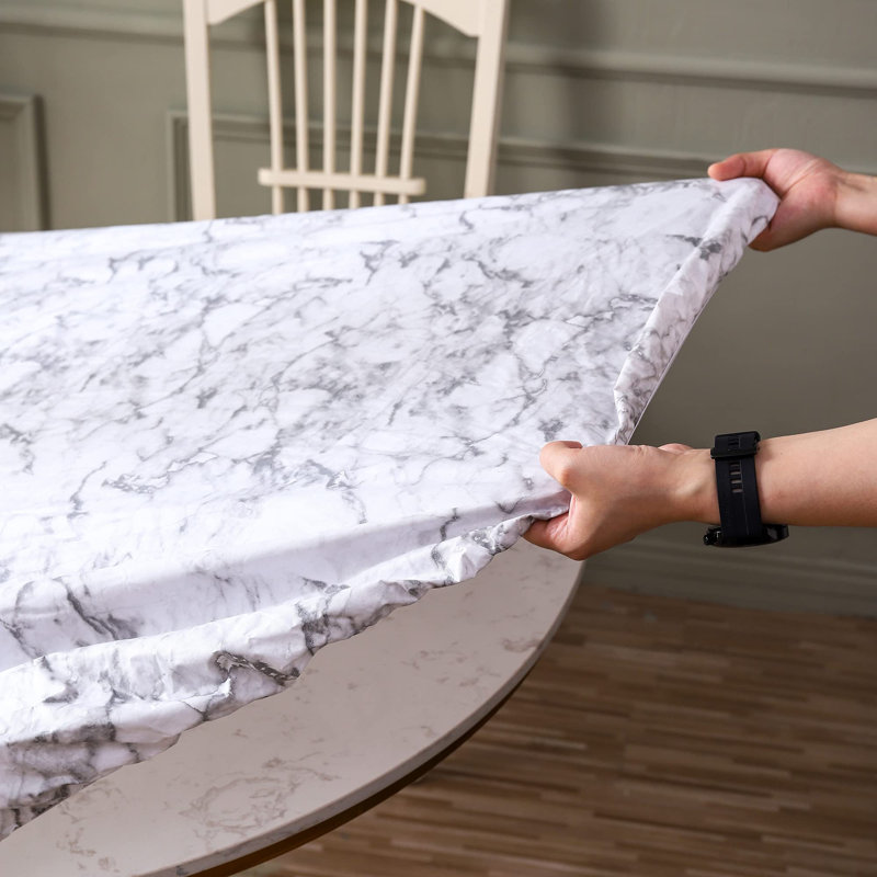 Round Vinyl Fitted Tablecloth With Flannel Backing Elastic Edge Design Table Cover Waterproof Oil-Proof PVC Table Cloth Stain-Resistant Best For 45"-56" Round