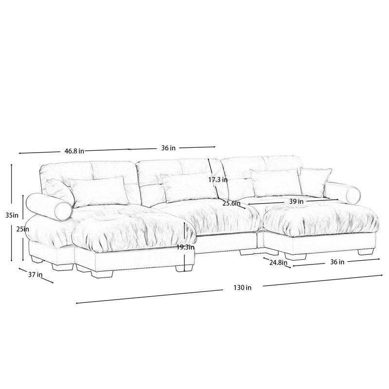 U-Shape 3 Deep Seat Modular Sofa Couch With 2 Movable Ottomans, Blue Velvet