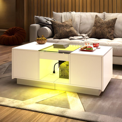 LED Modern Coffee Table With 2 Tiers 2 Drawers Storage And USB Ports And Type-C For Living Room
