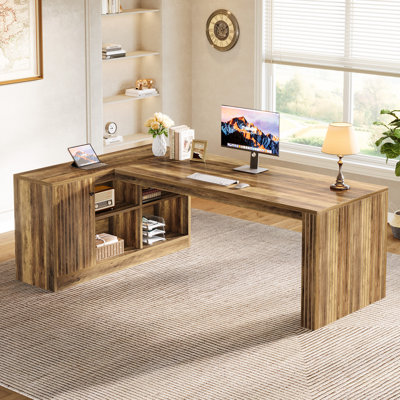 Bureau de direction en L 72,8 po, bureau d'ordinateur en bois avec tablettes de rangement pour bureau personnel