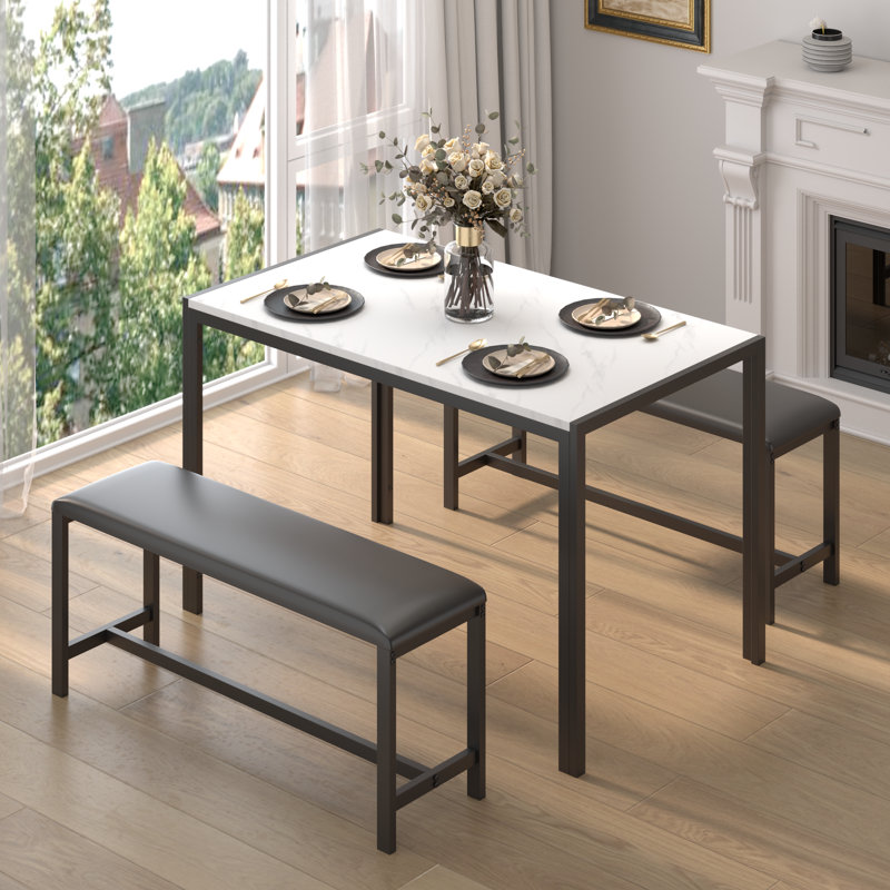Faux Marble Dining Table Set For 4, Dining Room Table With Pu Leather Benches, Space-saving Kitchen Table Set For Small Spaces, Apartment, Modern Breakfast Table With Sturdy Metal Frame, White