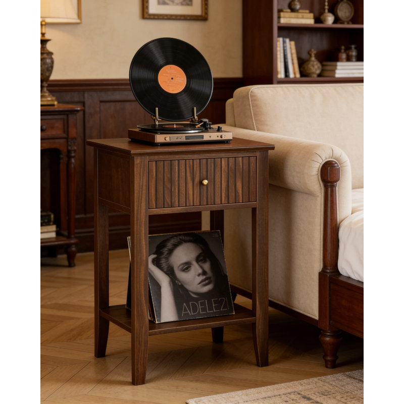 Table de chevet cannelée en bois avec tiroir, table de chevet moderne de style Mid-Century avec tablette ouverte, table d'appoint de style campagnard pour chambre à coucher et salon