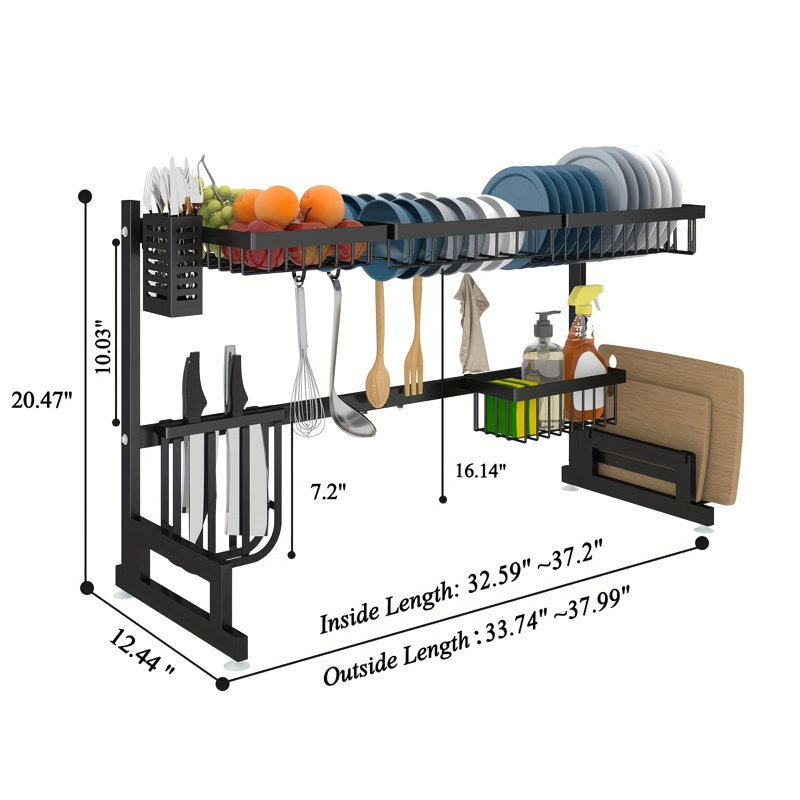 Égouttoir à vaisselle monté sur évier, grand support à vaisselle de comptoir de cuisine, réglable (33 po à 38 po), égouttoir à vaisselle extensible avec porte-couverts et porte-planche à découper, noir.