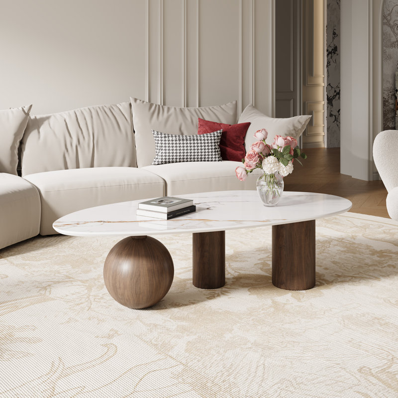 Table basse ovale moderne de 54 po avec plateau en pierre frittée, conception stable à profil bas pour le salon, Brun / Blanc
