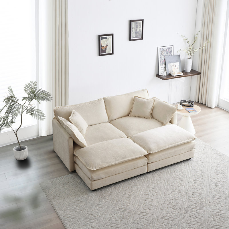 4 modulaires rembourrés en chenille beige avec 2 repose-pieds et repose-pieds en bois massif, coussins en chenille
