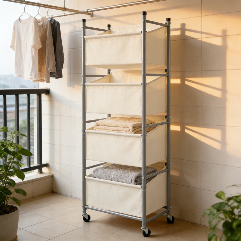 Panier à linge roulant à 4 niveaux avec sacs amovibles, chariot à linge vertical avec roues et freins, rangement compact pour la maison