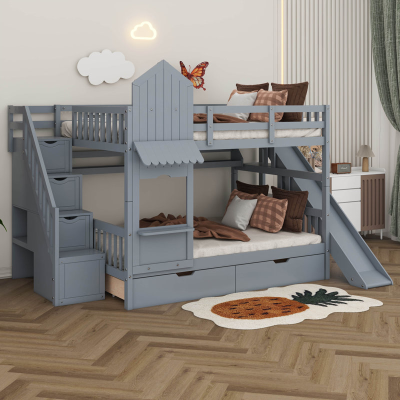 Lit superposé double de style château avec 2 tiroirs, 3 tablettes et glissières, rails de sécurité robustes, Gris