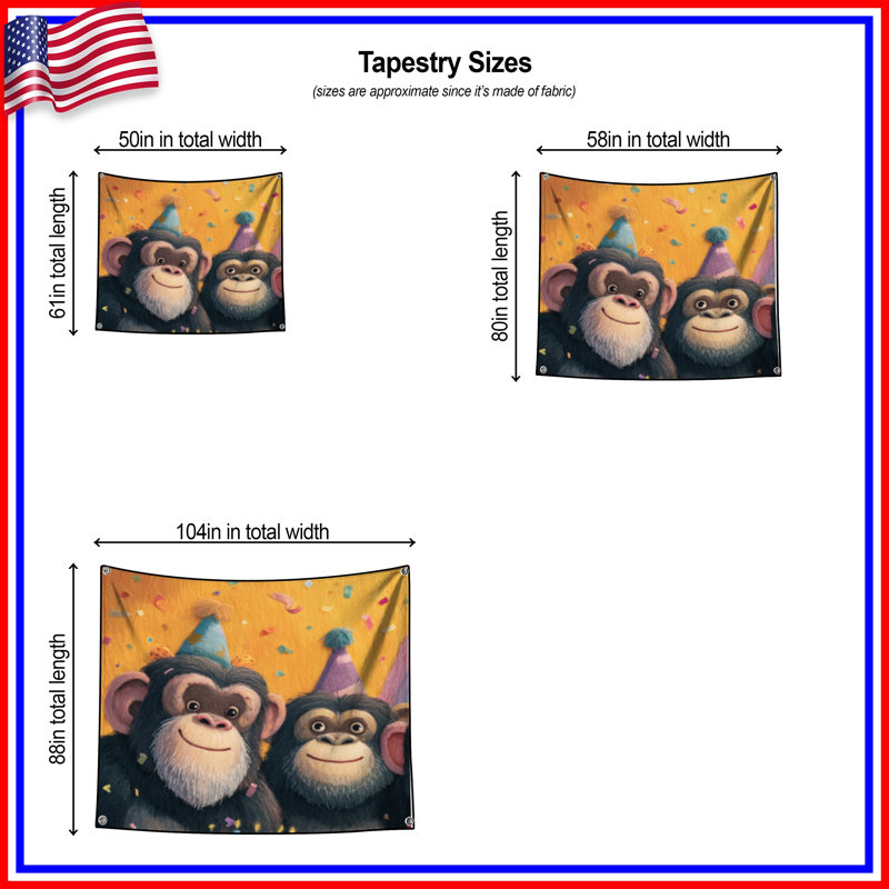 Monkeys With Birthday Cake Wall Tapestry - Celebration Wall Decor, H 50 po x l 60 po avec 4 œillets