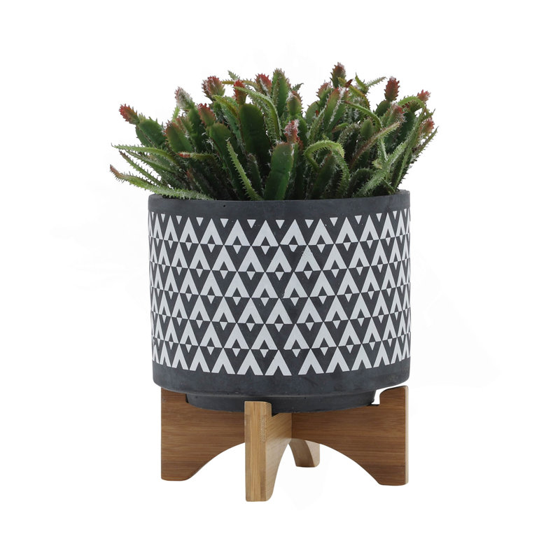 CERAMIC 8" AZTEC PLANTER ON WOODEN STAND, GRAY, Brown, 9" H x 8" W x 8" D