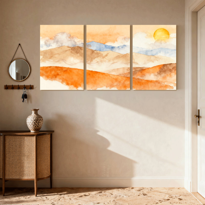 Abstrait, paysage désertique, coucher de soleil, ciel, montagnes, nuages, lumière du soleil, ensemble de 3 impressions sur toile