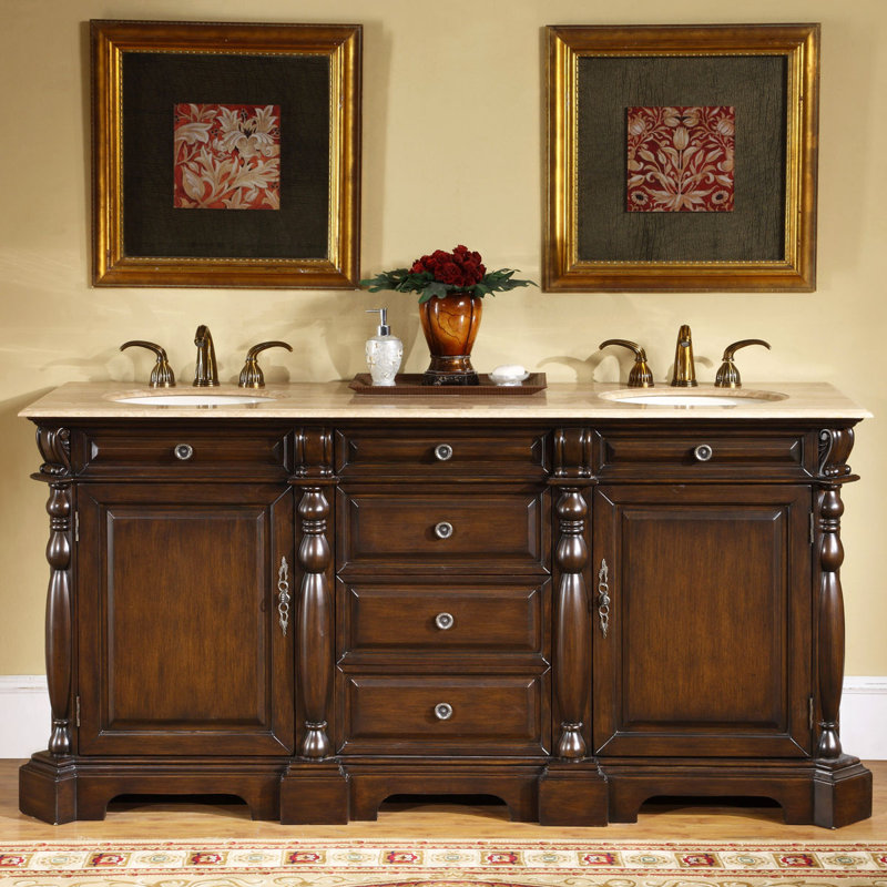 Ensemble de meuble-lavabo double 72 po Aiyaan, Pierre de travertin