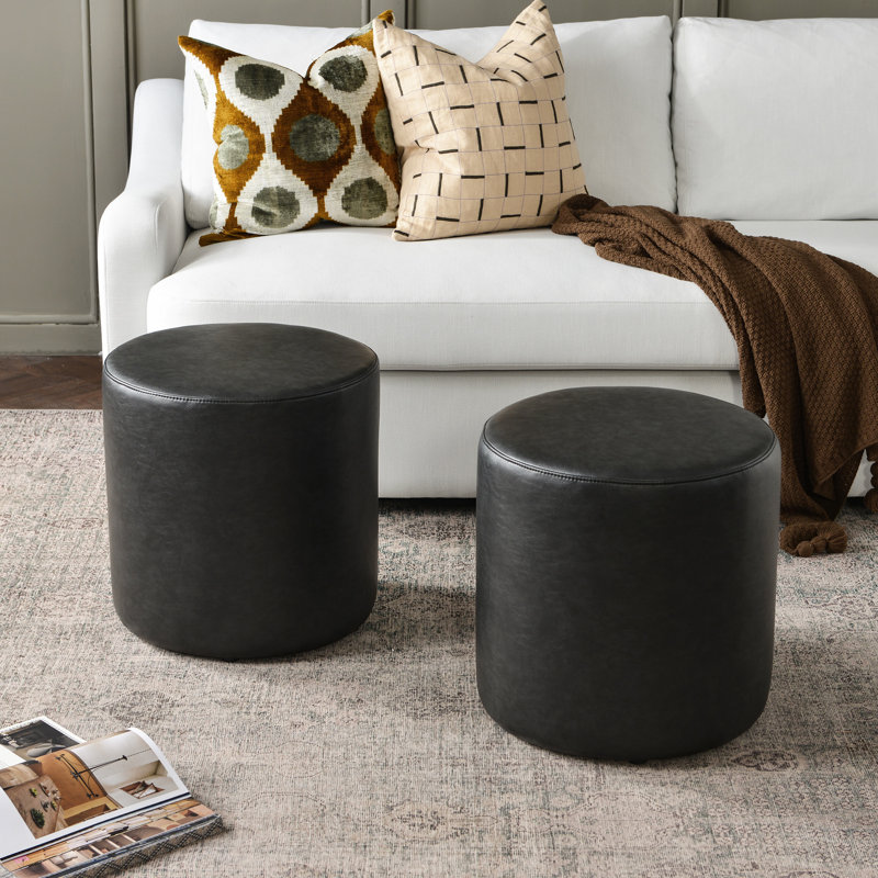 18" Wide Faux Leather Round Upholstered Ottoman Set Of 2, Black
