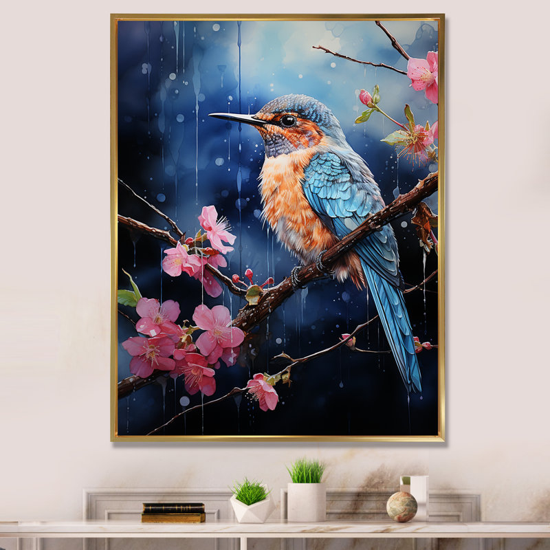 Colibri matin Melody Blooms II - Colibri, art mural animal, Cadre flottant doré, 32" H x 16" W