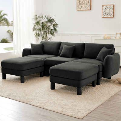 Canapé modulaire en forme de U en tissu bouclé gris foncé avec 2 repose-pieds distinctifs et mobiles et un cadre en bois pour la durabilité Rembourrage en mousse dense en forme de coquillage Un coin de lecture confortable