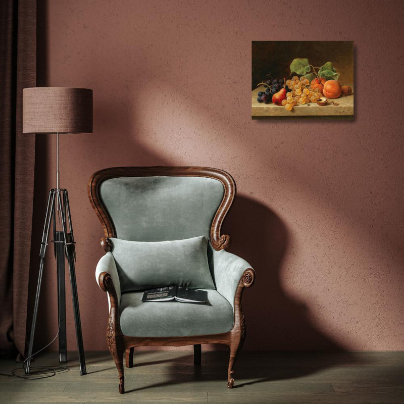 «Nature morte avec raisins, pêche, poire et noix» par Emilie Preyer - Art mural sur toile tendue avec châssis