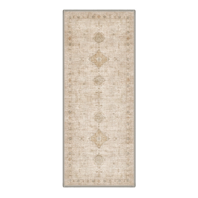 Tapis de couloir oriental traditionnel beige/brun à poils courts, lavable et antidérapant, Tapis de couloir 2 pi x 6 pi